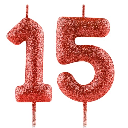 FUNCANDLE 2.36inch Glitter Red Birthday Candles,Number 15 Candle,Happy 15th Birthday Candles fors Cake Topper Girls Boy Party Celebration Anniversary Decoration
