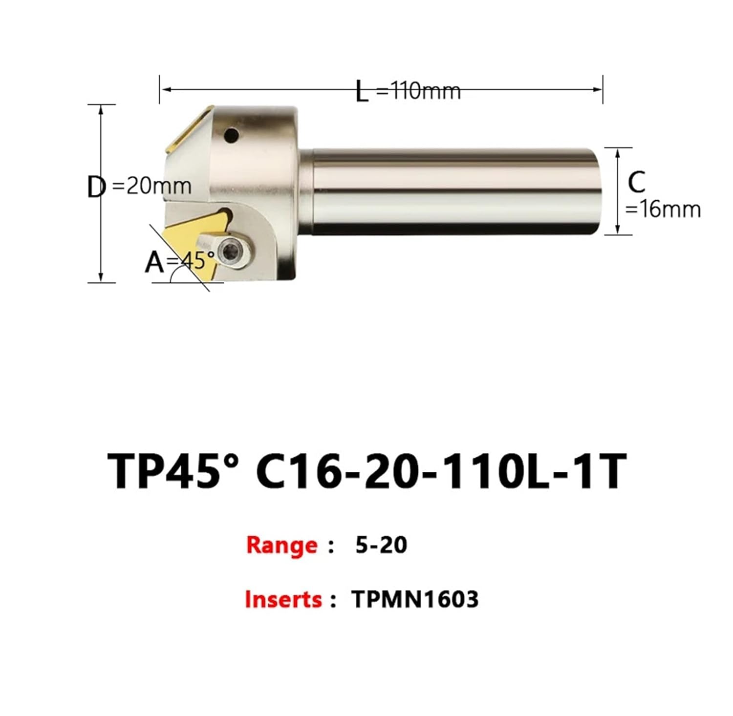 TP 30 45 60 Degree Cutter Chamfering Tools TP45 C20-32-120L CNC Lathe Machining Milling Inserts TPMN 1603 2204 End-Mill Holder(No Inserts,TP45 C20-25-110-1T)