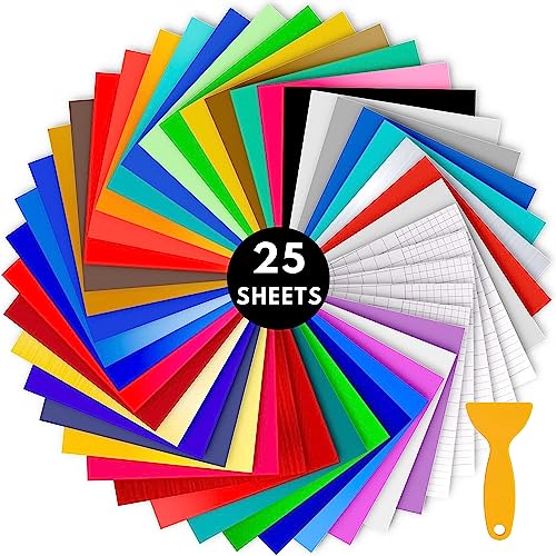 NimNik Vinyle pour Cricut - Lot de 25 feuilles de vinyle permanentes - 23 feuilles + 2 rubans de transfert pour machine de découpe de vinyle