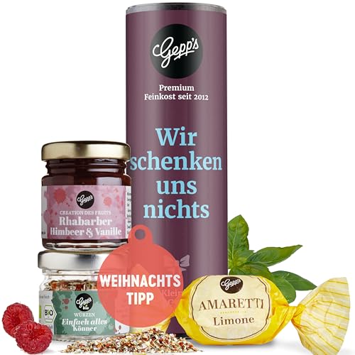 Gepp’s Feinkost Wir schenken uns nichts I Geschenkkorb mit Gewürzen & Konfitüre I Mitbringsel oder als Dankeschön I Geschenkkorb für Männer und Frauen I Gourmet Geschenkidee zu Weihnachten