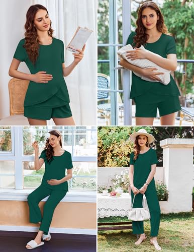 Image of Ekouaer 3 PCS Maternity Nursing Pajamas Set Postpartum Breastfeeding Short Sleeve Shirts, Pregnancy Shorts & Pants Pjs S-XXL