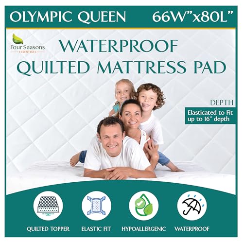 Olympic Queen Size Waterproof Mattress Pad - Fitted Mattress Protector with Quilted Pillow Top Mattress Topper - Premium Quality Hypoallergenic Mattress Cover (66”x80”) Super Queen