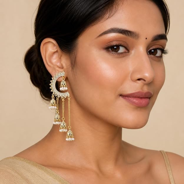 Image of WORLD CRAZE Multicolour long kashmiri jhumka for women chandbali earrings chand baliyan | kashmiri earrings for women | bahubali earrings stylish | Traditional Indian Festive Jewelry | Long Chain Tassels | Pearl Drop Latkan Jewellery (Multi colour)