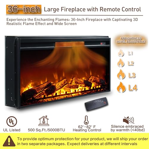 IFGET Farmhouse Fireplace TV Stand with 36" Electric Fireplace for 80 Inch TVs, 31" Tall Entertainment Center w/Drawer & Diamond Panel Door, Highboy Media Console for Living Room, 70inch, Brown - Thumbnail 4