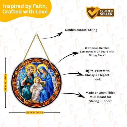 Image of Printality Stained Glass Style Christian Wall Hanging | Round MDF Plaque with Glossy Finish & Golden Zardosi String | Religious Wall Art | Jesus, Mary & Angels Design | Faith Home Decor (Design 2)