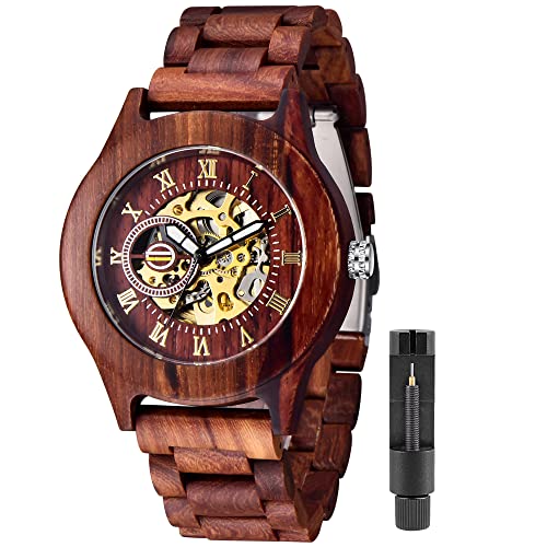 Tiong Men's Wooden Mechanical Watch Automatic Battery-Free Men's Watch, Mens Skeleton Wooden Watch