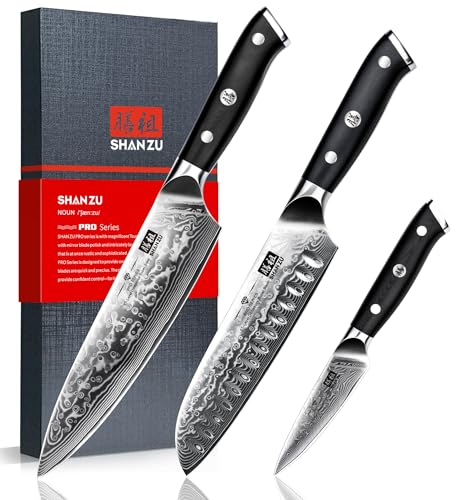 Comparison: Best Knife Set Japanese 2 SHAN ZU Damascus Knife Set, Japanese Super Steel 3 PCS Damascus High Carbon Professional Ultra-Sharp Kitchen Chef Knife Set with G10 Handle Gift Box