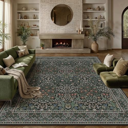 HUGEAR Vintage Floral Machine Washable 8x10 Area Rugs Black Green