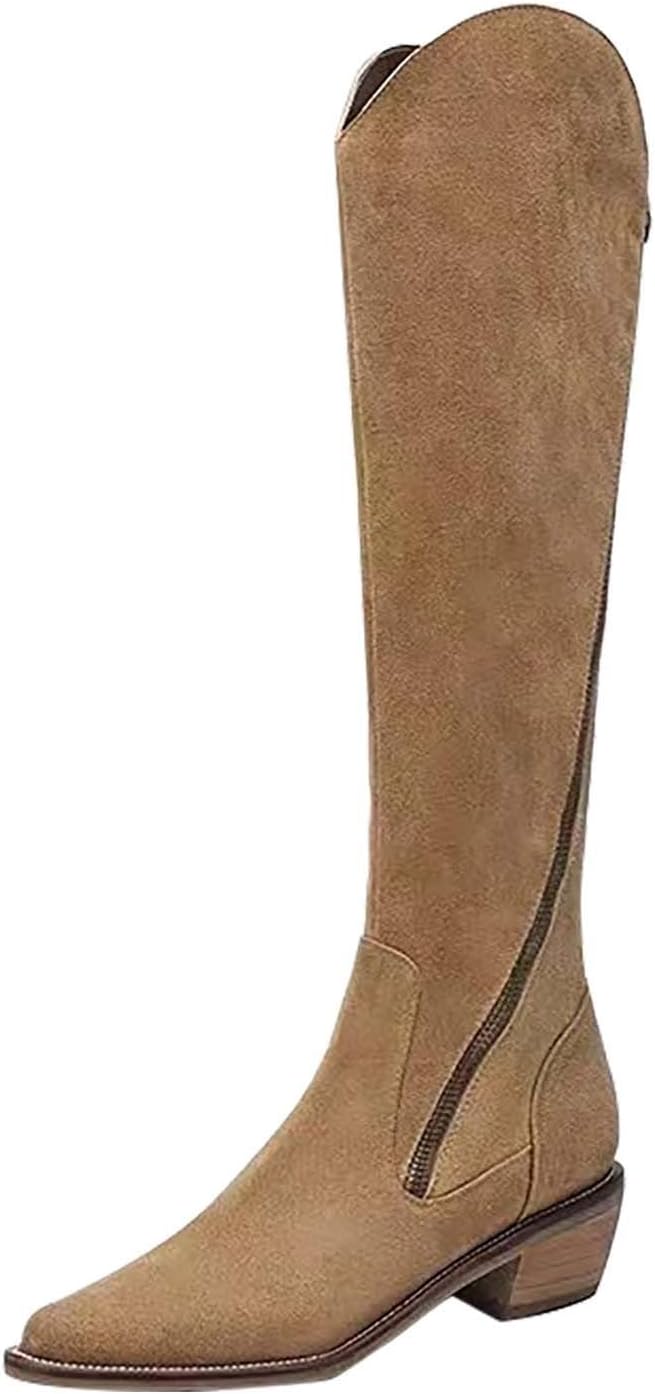 Womens Knee High Boots Pointed Toe V Cut Tall Boots Chunky Block Heel Long Boots Side Zipper Dress Bootie (Beige, 4)