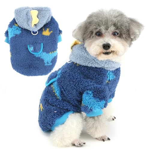 ZUNEA 犬服 秋冬 セーター パーカー 小型犬 おしゃれ かわいい 恐竜柄フリース ジャケット コート リードリング付き 暖かい 防寒 可愛い ドッグウェア 洋服 柔らかい あたたかい ペット 冬服 子犬 猫 チワワ トイプードル服 防寒着 お出かけ