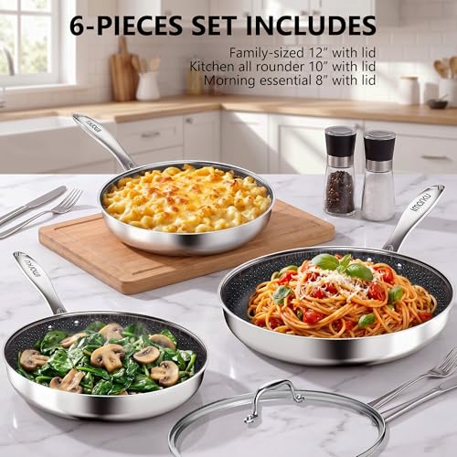 Image of imarku 8, 10 and 12-Inch Non Stick Frying Pans with Lids, Ceramic Coating | 6-Piece Stainless Steel Cookware Set for Home Cooking, Dishwasher Friendly, Oven Safe, Induction Ready, for Men and Women