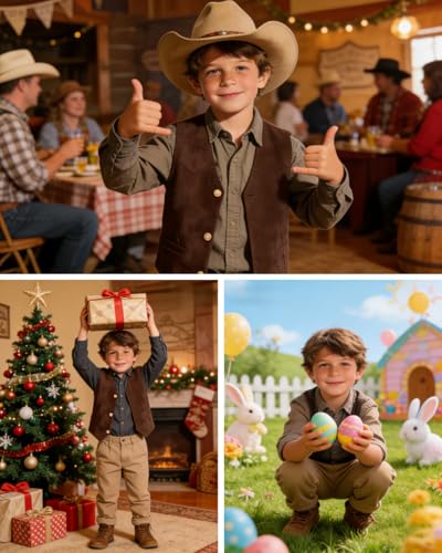 Image of Boys Vest Leather Western Cowboy Dress Vests with Pockets Vintage Suede V Neck Formal Wedding Waistcoat