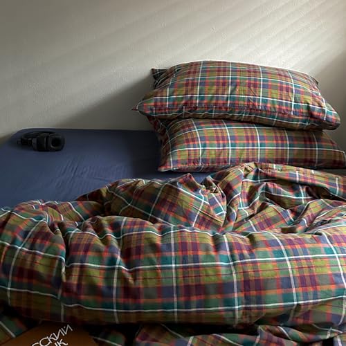 Image of MKXI Buffalo Plaid Duvet Cover Set 3 Piece Vintage Bedding in Kelly Green, Navy & Red | 100% Washed Cotton Reversible Design with Zipper Closure & Corner Ties,Shabby Chic Aesthetic for Queen
