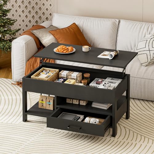 IKIFLY ローテーブル 昇降式 木製 コーヒーテーブル 引き出し付き テーブル 収納付き センターテーブル 大容量収納リビングテーブル 高さ調整リフティングテーブル 簡単開閉 ホンムオフィステーブル 昇降式 コンパクト リビングルーム オフィス用 在宅勤務 食事一人暮らし 幅90×奥行45×高さ46.2-59cm （ブラック）