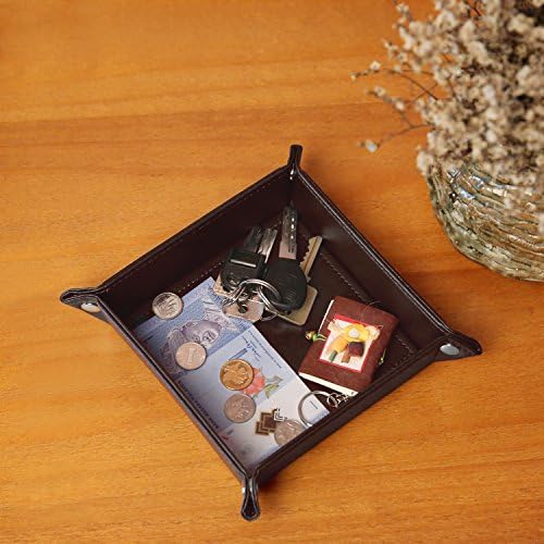 Cosyres Small Leather Valet Catchall Snap Jewelry Tray Bedside Storage Tray for Key, Coin, Phone Brown