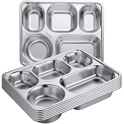 8 Stück Edelstahl Unterteilt Tablett Rechteckig 5 Abschnitte Speiseteller Metall Portionskontrollteller Unterteilte Teller Camper Fach Teller Servierteller Trennwände Cover