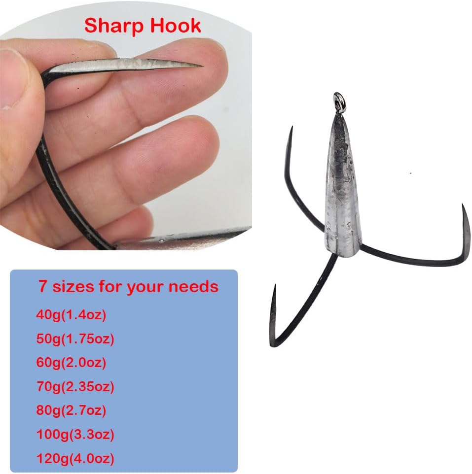 2pcs/Pack Snagging Hooks Snagging Weighted Big Treble Hooks Sharp Treble Hook Fishing Hooks 7 Sizes 1.4oz 1.75oz 2.0oz 2.35oz 2.7oz 3.3oz 4.0oz
