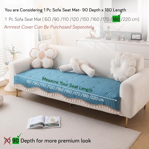 Image of HOKIPO Premium Dutch Velvet Sofa Cover Mat with Frill for 1 /2 /3 Seater and L Shape Sofa. Make Your Own Sofa Cover Set, Mat Length 90(D) x 180(L) cm, Peacock Blue (NEW-AR-5740-PBL)