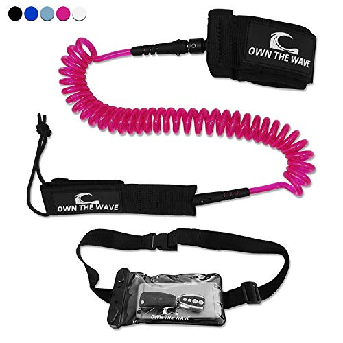 Own the Wave Surfboard Leash - 10' Premium Coiled SUP Leash 7.2mm Thick Leashes Stand Up Paddleboard, Choose with or Without Waterproof Wallet
