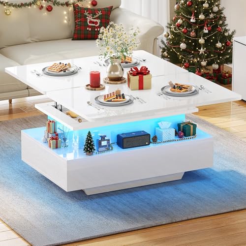 YITAHOME Mesa de Centro Elevable y Extensible, 4 en 1 Mesa Centro Convertible Brillante Moderna con LED Y 2 Cajones, Adecuado para Salon de Estar y Fiestas de Mesa