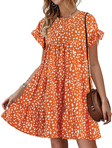 Image of Imysty Womens Boho Floral Ruffle Sleeve Babydoll Loose Flowy Casual Summer Pleated Mini Dress