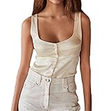 Women's Sexy Square Neck Sleeveless Vest,Y2K Slim-fit Central Single-Row Clasp Fashion Club Tank Top,Low Cut Waistcoat (white,Small,Female,Small)
