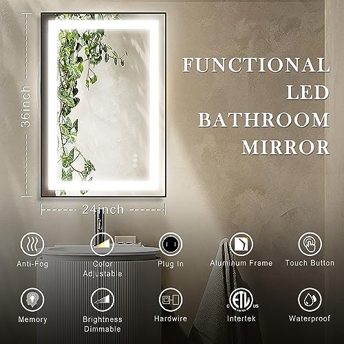 LED Lighted Bathroom Mirror Framed - 36x24 LifeSky Anti Fog Front Lit Lighted Bathroom Mirror - Wall Mounted LED Vanity Mirror Black
