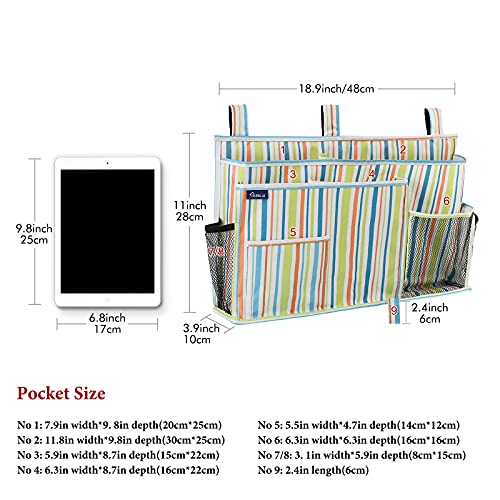 Image of Surblue Bedside Caddy Hanging Bed Organizer Storage Bag Pocket for Bunk and Hospital Beds, College Dorm Rooms Baby Bed Rails, Camp 8 Pockets, (Large, Green Stripe)