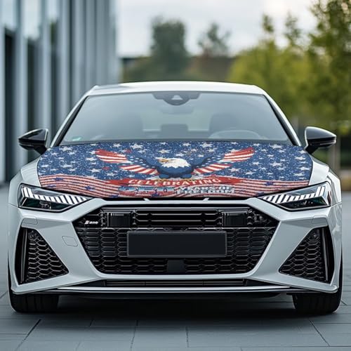 Image of Stars and Stripes 250 Anniversary Car Hood Cover Polyester Elastic Fabrics Can be Washed Suitable for Large SUV and Pickup Trucks