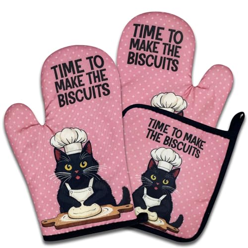 NAHMAKNE Funny Black Cat Oven Mitts and Pot Holders Set of 3, Time to Make The Biscuits, Heat Resistant Non-Slip Kitchen Mitts Hot Pads, Baking Gifts for Women, Kitchen Gifts for Hostess Bake Lovers