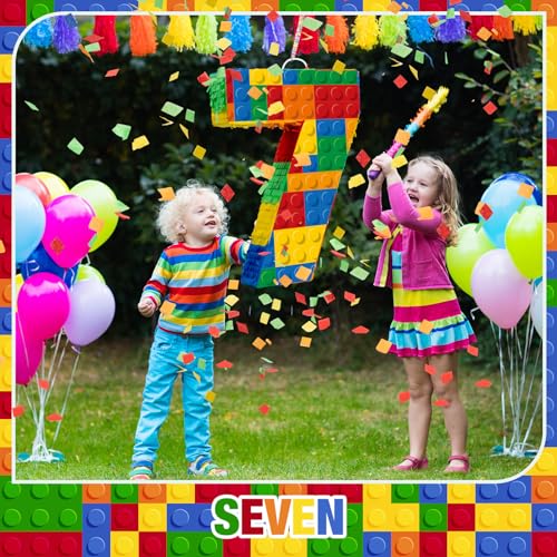 RoundFunny Number 7 Building Blocks Piñata 16.5 Inch Party Supplies 7th Birthday Party Decorations Piñata with Confetti Blocks Theme Fiesta Anniversary Celebration