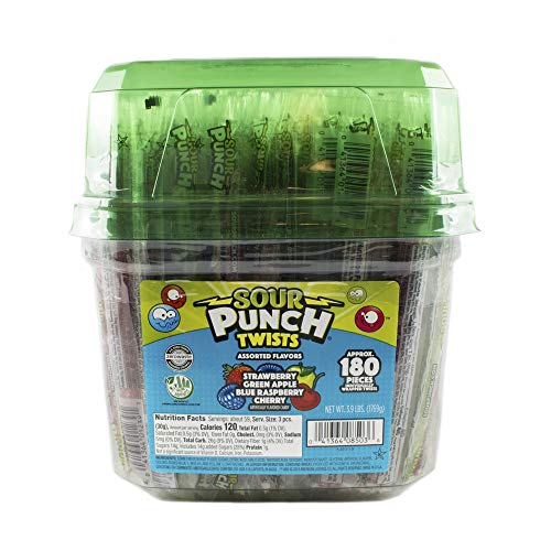 Sour Punch Twists 6", Individually Wrapped Chewy Candy, 4 Fruity Flavours, Tub 180 x 9.83g