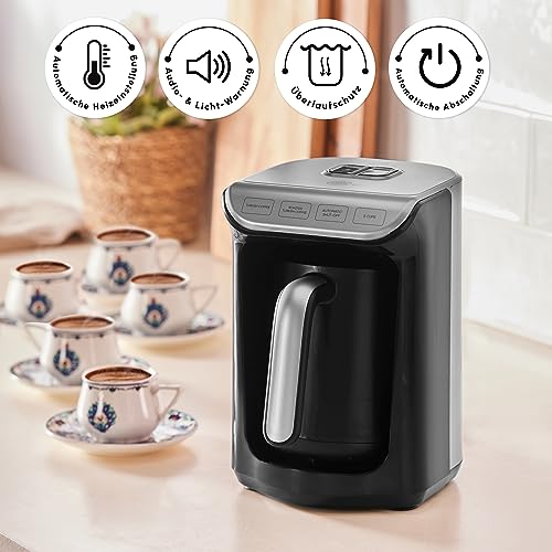 KARACA Hatır Koz Kaffeemaschine mit Röstfunktion Anthrazit, Türkische Kaffeemaschine mit 5-Tassen-Kapazität, Türk Kahve Makinesi, 535W, automatischer Heizeinstellung und doppelseitigem Ausguss