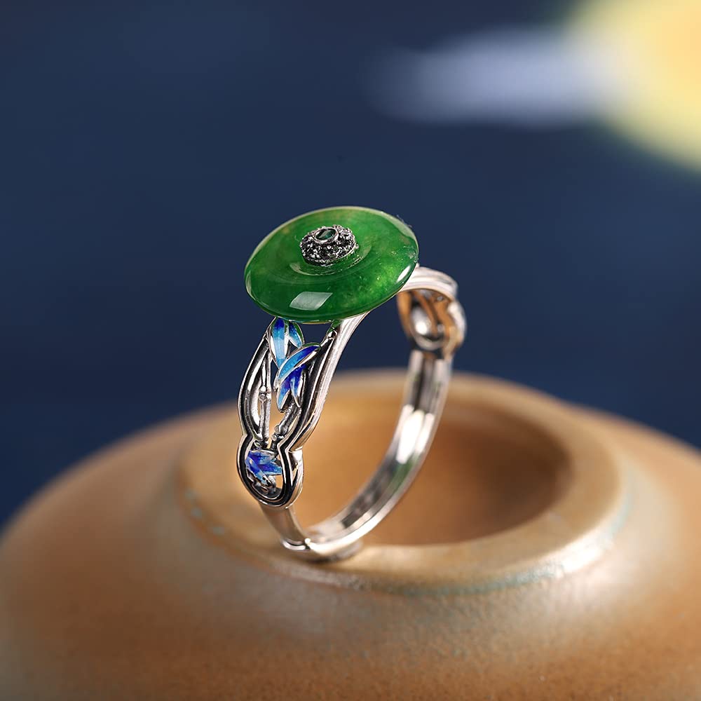 S925 Sterling Silber Green Jade Circle Ring Asian Style Rundes Glück Amulett Ring Charmanter Glück Schmuck für Frauen Mädchen