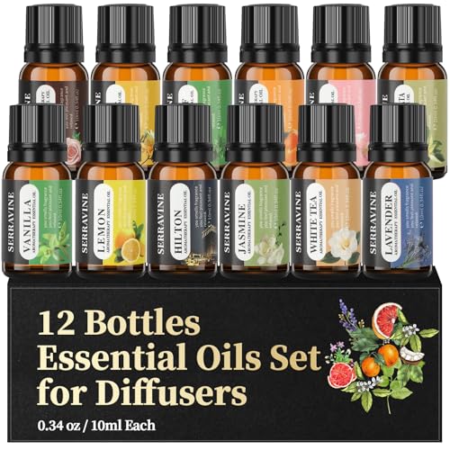 Perfect for Diffusers – 12 Natural Essential Oils Set with Gift Box & Bag | Lavender, Vanilla, Rose, Peppermint & More | Ideal for Aromatherapy, Relaxation & Home Use