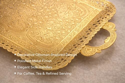 Turkish Vintage Style Entertaining Tray - |15.4” x 10.2”Multi-Purpose, Non-Tarnishing, Zamak Alloy, Decorative Ottoman Style - Rectangular Serving Tray for Coffee & Beverages (Gold) by PARK & OZ - Image 3