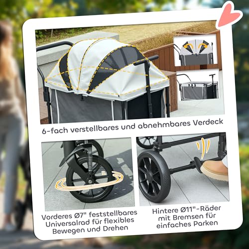 PawHut 2 in 1 Hundewagen Hundebuggy klappbar für Hunde & Katzen bis 30 kg Bollerwagen mit Kissen Netzfenstern 2 Türen Aufbewahrungstasche Katzenwagen Buggy Dunkelgrau