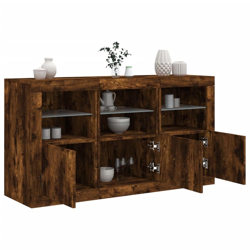Rantry Credenza con Luci LED Rovere Fumo 123x37x67 cm, Credenza Armadio, Armadietto da Pavimento per Bagno, Mobili Ufficio, Mobiletto Portaoggetti Ripiani Salvaspazio Mobiletto Armadio di Stoccaggio L