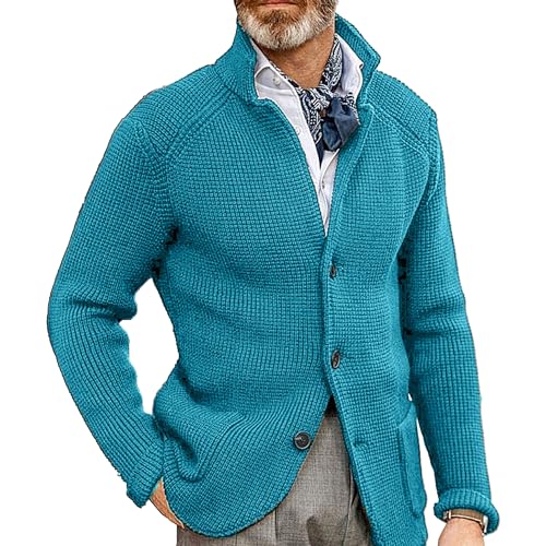 Men's Slim Knitted Button Sweater Solid Color Cardigan Plus Size Tops Casual Fashion Sweatshirt with Pockets (3X-Large,Lake Blue 1)