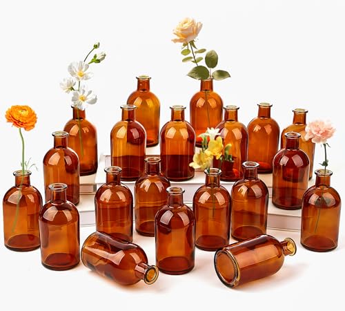 20 Pack Amber Glass Bud Vases for Centerpieces Small Mini Flower Vases in Bulk Vintage Decorative Bottle Vases for Table Decor Home Accents Wedding Reception Party & Office Arrangements