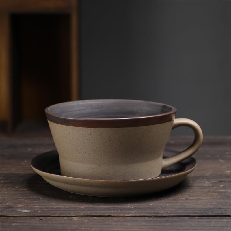 Rustic Speckled Matte Ceramic Coffee Mug with Saucer, Retro Wabi Sabi Wide Mouth Latte Tea Cup Set, set of 1 (MANSHAN01)