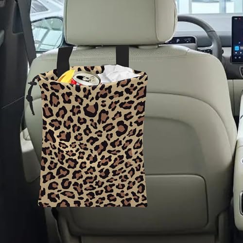 Image of Car Trash Bag Hanging Brown Leopard Print Car Trash Can Waterproof Garbage Bag Hanging for Car Back Seat