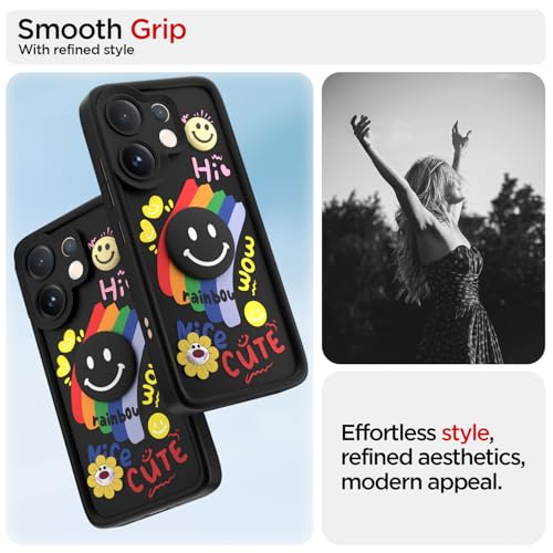 Image of Pikkme Back Cover for Vivo V60 5G / Vivo T4 Pro 5G | Soft Silicone| Cute Rainbow Smile & 3D Cartoon Flower Design | Shockproof Raised Camera Protection Bumper Case (Black)