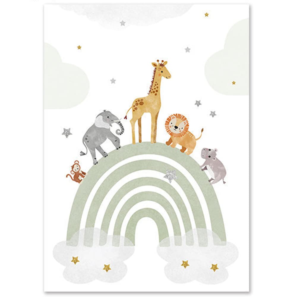 3 Laminas Animales Infantil Arco Iris Globo Aerostático Poster Nombre Bebe Boho Verde 30 x 40 León Jirafa Elefante Cuadro Personalizado Niño Niña Decoración Pared Regalo sin Marco (YHH018-30x40cm)