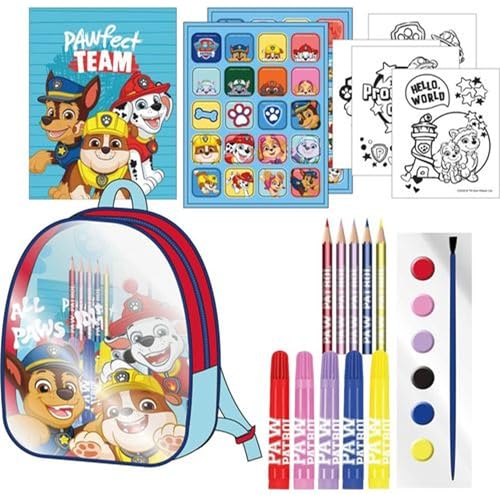 Mochila Creativa Patrulla Canina con Pinturas, Lápices, Rotuladores y Pegatinas - Set de Arte Infantil Completo para Niños Fans de Paw Patrol Ideal para Regalo