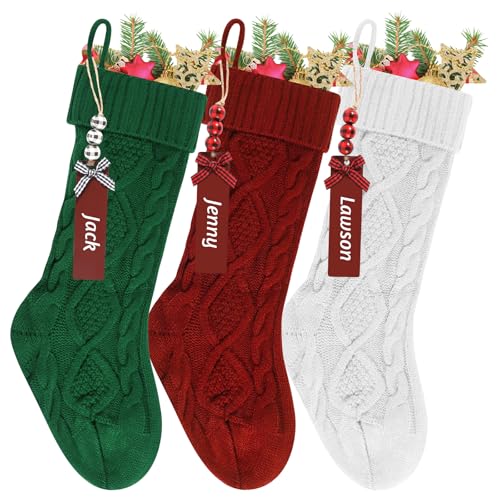 AOROPS Christmas Stockings, 3 Pcs Large Knit Christmas Stockings 18 Inch Personalized Xmas, Hanging Decorations with Name Tags for Christmas Fireplace Tree Decorations