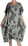  Italy Donna Damen Leinen Lagenlook Sommer Maxi Kleid Tunika Hakel Spitze 46 48 50 52 54 L XL XXL 3XL Oliven Grün Blumen Print Strand Urlaub (54)