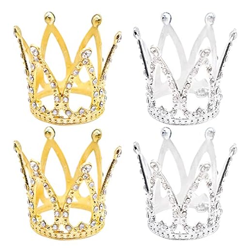 Hriymtd 4 Piezas de Corona para Tartas, Mini Corona Dorada Pequeña de Plata para Bebé, Corona de Reina Pequeña, Tocado de Princesa, Decoración para Tartas de Fiesta de Cumpleaños, Boda (Oro, Plata)