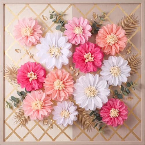 Image of Cholemy 24 Pcs Tissue Paper Flowers 8 inch 10 inch 12 inch, Pink, White