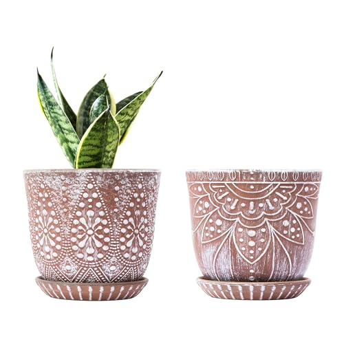 Gepege 6 Inch Beaded Ceramic Planter Set Of 2 With Drainage Hole And Saucer